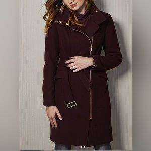 NWT Cole Haan Bordeaux Mock-Neck Wool -blend Trench